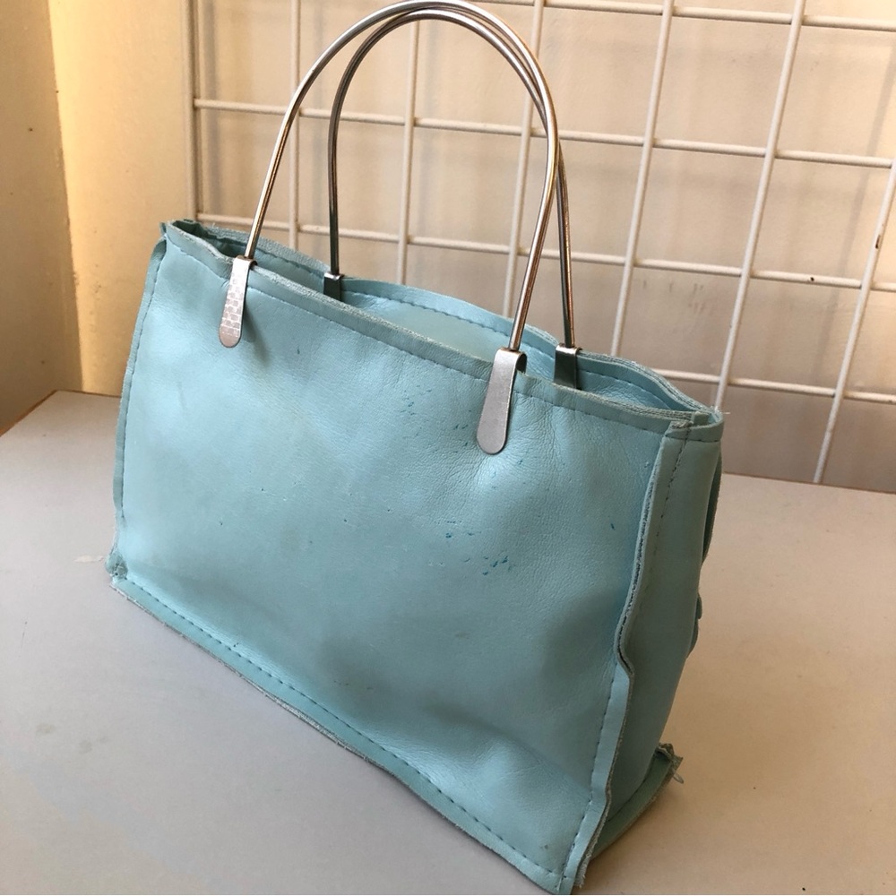 Vintage Handbag Blue Faux Leather Silver Handle Purse